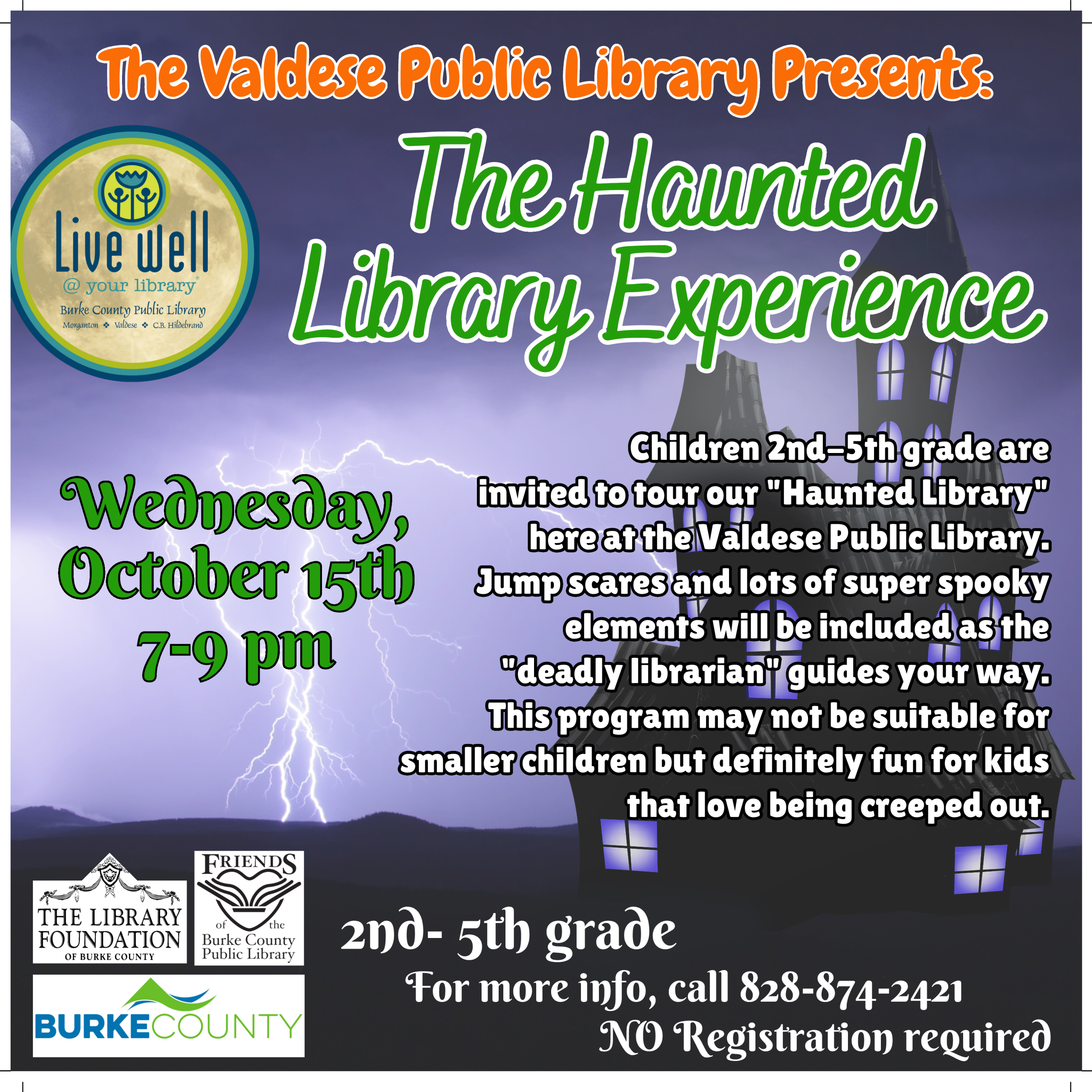 Thursday, October 16 – 4-6 pm – R.O. Huffman Center, Drexel, NC – (700 S Main St, Drexel, NC 28619) – The Morganton Public Library presents a Haunted Storywalk! – No tricks here - bring the family out for an evening of fun with a storywalk, kid-friendly activities and treats! (Nothing too scary - we promise!) *Call the Youth Services Desk with any questions: 828-764-9274.