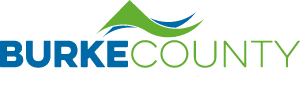 The logo for Burke County features the words "BURKE COUNTY" in blue and green, with a green mountain and blue wavy lines above.