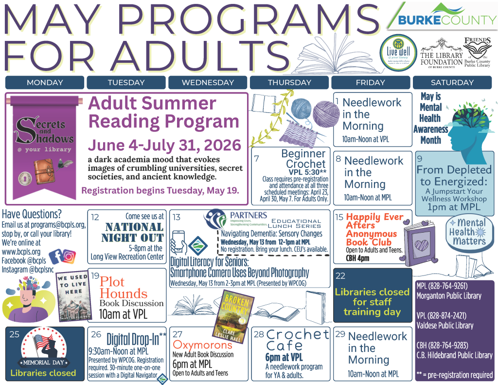 May 2026 Program Calendar for Adults - clicking image will open a pdf version of this calendar