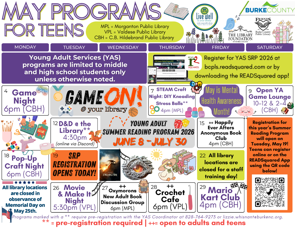 May 2026 Program Calendar for Teens- clicking image will open a pdf version of this calendar