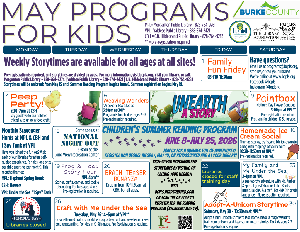 May 2026 Program Calendar for Kids- clicking image will open a pdf version of this calendar