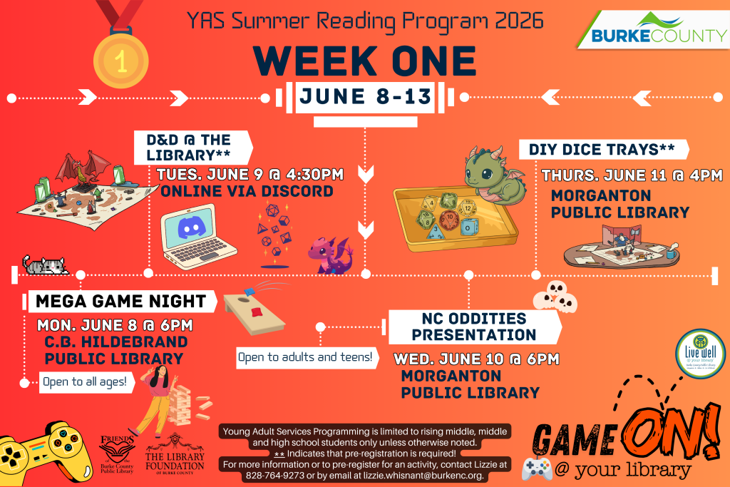 Poster for "YAS Summer Reading Program 2026, Week One: June 8-13," detailing library events with playful graphics. Transcribed Text: YAS Summer Reading Program 2026 Week One June 8-13 D&D @ the Library** Tues. June 9 @ 4:30 PM Online via Discord DIY Dice Trays** Thurs. June 11 @ 4 PM Morganton Public Library Mega Game Night Mon. June 8 @ 6 PM C.B. Hildebrand Public Library Open to all ages! NC Oddities Presentation Open to adults and teens! Wed. June 10 @ 6 PM Morganton Public Library Young Adult Services Programming is limited to rising middle, middle and high school students only unless otherwise noted. ** Indicates that pre-registration is required! For more information or to pre-register for an activity, contact Lizzie at 828-764-9273 or by email at lizzie.whisnant@burkenc.org. Game On! @ your library