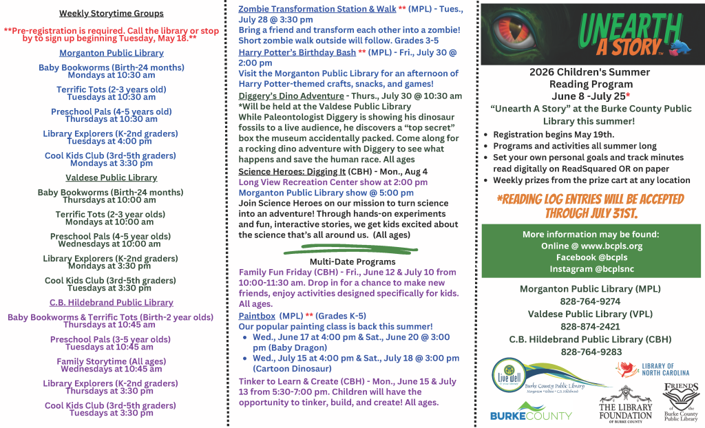 Unearth a Story: Children's Summer Reading Program 2026 Brochure of Events. Click to Download a pdf of the brochure.