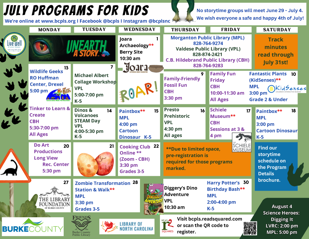 Children's July 2026 Calendar of Programs. Click on Image to download a pdf of the calendar.
