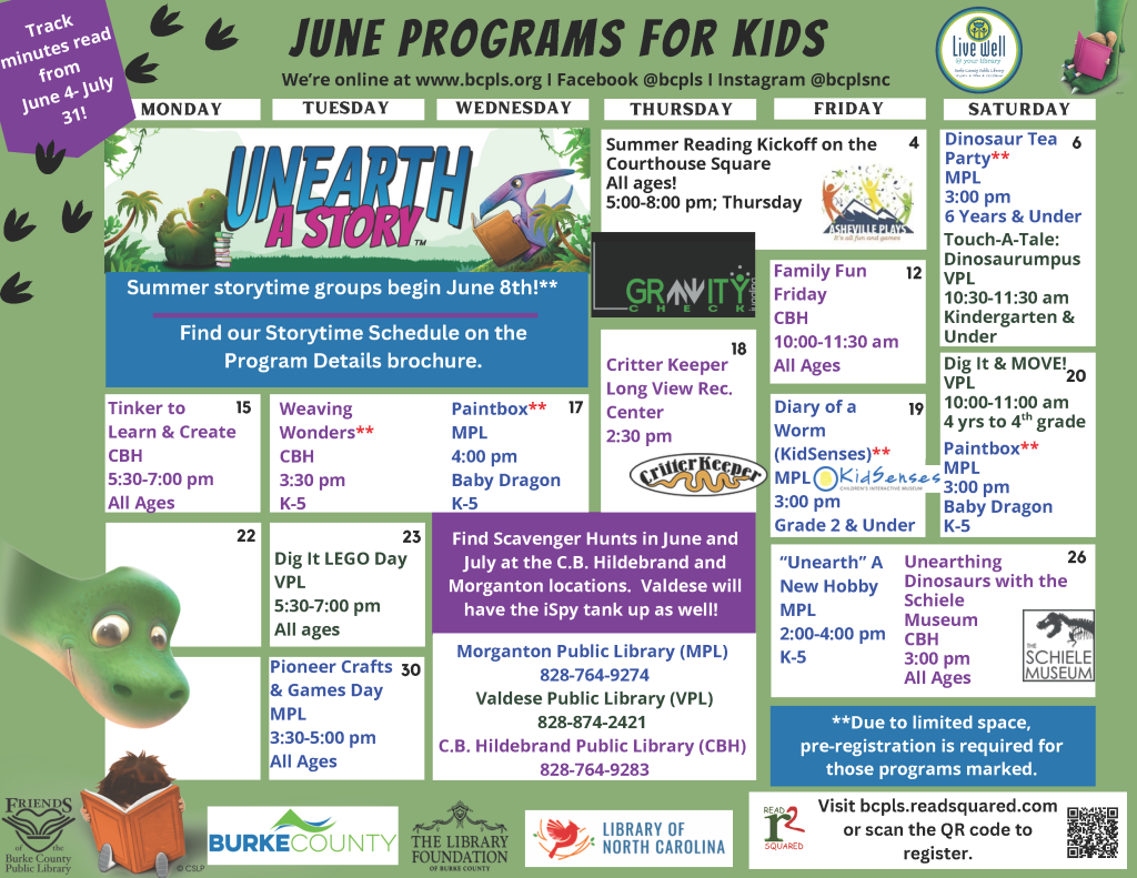 Children's June 2026 Calendar of Programs. Click on Image to download a pdf of the calendar.