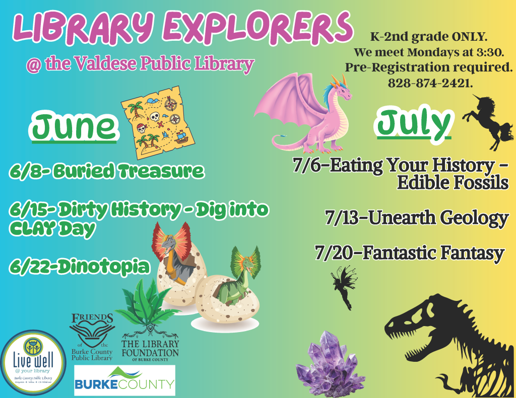 Promotional flyer for Library Explorers program at Valdese Public Library with June and July activities for K-2nd graders featuring colorful illustrations of a treasure map, dinosaur, and fantasy creatures. Transcribed Text: LIBRARY EXPLORERS @ the Valdese Public Library June 6/8-Buried Treasure 6/15-Dirty History - Dig into CLAY Day 6/22-Dinotopia July 7/6-Eating Your History – Edible Fossils 7/13-Unearth Geology 7/20-Fantastic Fantasy K-2nd grade ONLY. We meet Mondays at 3:30. Pre-Registration required. 828-874-2421. Live well @ your library Friends of the Burke County Public Library The Library Foundation of Burke County Burke County