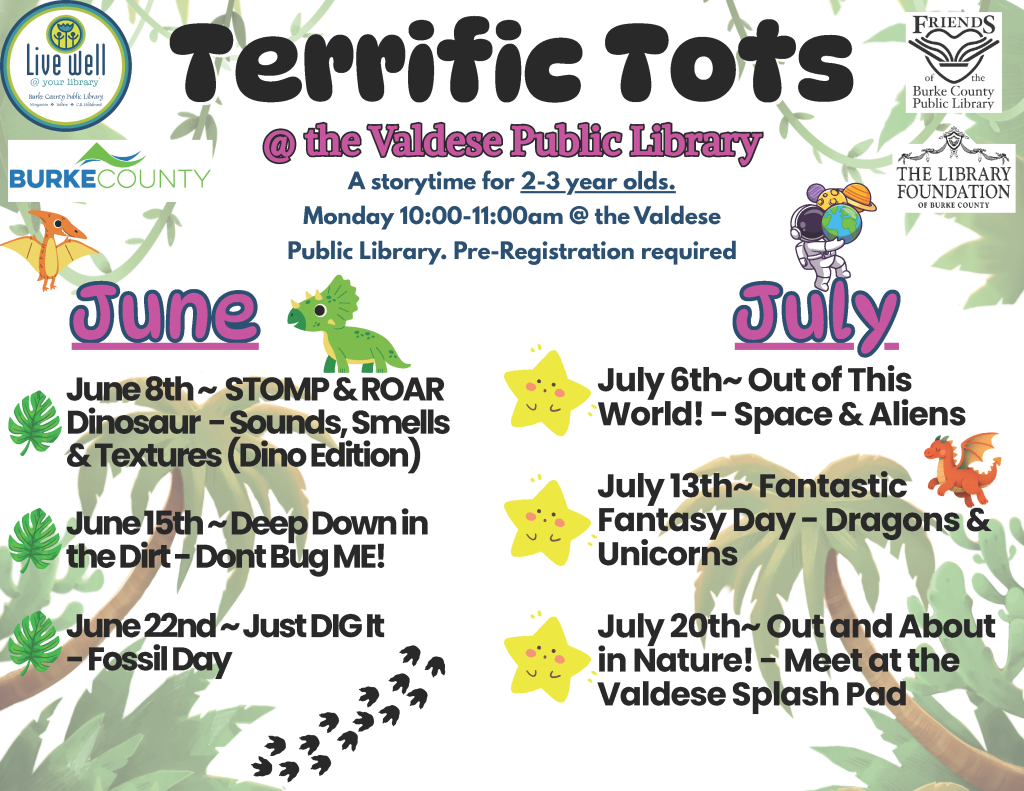 Promotional poster for "Terrific Tots" at Valdese Public Library, listing events for June and July, each with themed graphics. Transcribed Text: Live Well @ your library Terrific Tots @ the Valdese Public Library A storytime for 2-3 year olds. Monday 10:00-11:00am @ the Valdese Public Library. Pre-Registration required June June 8th ~ STOMP & ROAR Dinosaur – Sounds, Smells & Textures (Dino Edition) June 15th ~ Deep Down in the Dirt – Dont Bug ME! June 22nd ~ Just DIG It – Fossil Day July July 6th~ Out of This World! – Space & Aliens July 13th~ Fantastic Fantasy Day – Dragons & Unicorns July 20th~ Out and About in Nature! – Meet at the Valdese Splash Pad