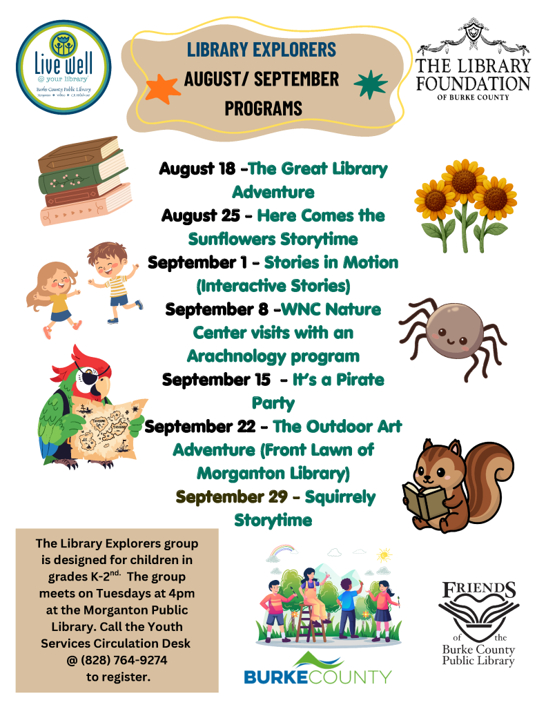 Flyer for "Library Explorers" programs at Burke County Public Library; features colorful illustrations, program dates, and activities for children K-2. Transcribed Text: LIBRARY EXPLORERS AUGUST/ SEPTEMBER PROGRAMS August 18 - The Great Library Adventure August 25 - Here Comes the Sunflowers Storytime September 1 - Stories in Motion (Interactive Stories) September 8 - WNC Nature Center visits with an Arachnology program September 15 - It’s a Pirate Party September 22 - The Outdoor Art Adventure (Front Lawn of Morganton Library) September 29 - Squirrelly Storytime The Library Explorers group is designed for children in grades K-2. The group meets on Tuesdays at 4pm at the Morganton Public Library. Call the Youth Services Circulation Desk @ (828) 764-9274 to register.