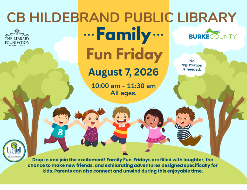 Graphic for Family Fun Friday at CB Hildebrand Public Library, featuring five children playing joyfully on a grassy field. Event details include August 7, 2026, from 10:00 am to 11:30 am, no registration required. Transcribed Text: CB HILDEBRAND PUBLIC LIBRARY Family Fun Friday August 7, 2026 10:00 am - 11:30 am All ages. Drop in and join the excitement! Family Fun Fridays are filled with laughter, the chance to make new friends, and exhilarating adventures designed specifically for kids. Parents can also connect and unwind during this enjoyable time. No registration is needed. Live well @ your library.