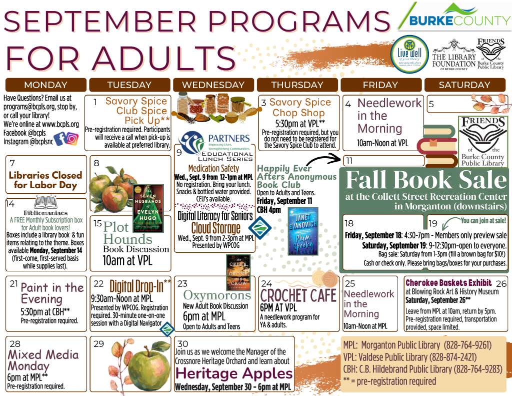 September 2026 Programs for Adults at the Burke County Public Library. This calendar layout features browns and oranges with an apple theme, and information about programs offered at the library for adults. Any programs marked as needing registration can be preregistered for by calling or visiting your library (828-764-9261, 828-874-2421, or 828-764-9283). Tuesday, September 1: Savory Spice Club Pick up. Pre-registration required. Participants will receive a call when pick-up is available at preferred library. Thursday, September 3: Savory Spice Chop Shop. 5:30pm at the Valdese Public Library. Pre-registration is required, but you do not need to be registered for the Savory Spice Club to attend. Friday, September 4: Needlework in the Morning from 10am to Noon at the Valdese Public Library. No registration is required. Monday, September 7: Libraries closed for Labor Day. Wednesday, September 9: Partner's Educational Lunch Series: Medication Safety - Coping Skills. 12-1pm at the Morganton Public Library. No registration required. Bring your lunch. CEUs available. Wednesday, September 9: Digital Literacy for Seniors: Cloud Storage. 2-3pm at the Morganton Public Library. Presented by Western Piedmont Council of Governments. No registration is required. Friday, September 11: Happily Ever Afters Anonymous Book Club. 4pm at the C.B Hildebrand Public Library. Program open to Adults and Teens. This month's title: Plum Spooky by Janet Evanovich. No registration required. Monday, September 14: Bibliomaniacs Subscription Boxes available! Bibliomaniacs is a free monthly subscription box for Adult Book lovers. Boxes include a library book and fun items relating to the theme. Boxes available Monday, September 14, on a first-come, first-served basis while supplies last. Available at all sites. Tuesday, September 15: Plot Hounds Book Discussion - 10am at the Valdese Public Library. This month's title: The Seven Husbands of Evelyn Hugo by Taylor Jenkins Reid. No registration required. Friday, September 18: Friends of the Library's Fall Book Sale at the Collett Street Recreation Center (downstairs). Member's Only Preview sale from 4:30-7pm (you can join at the door!) Saturday, September 19: Friends of the Library's Fall Book Sale at the Collett Street Recreation Center (downstairs). 9am-12:30pm. Cash or check only. Pleae bring bags/boxes for your purchases. Bag sale will be from 1-3pm. Fill a brown bag for just $10! Monday, September 21: Paint in the Evening - 5:30pm at the C.B. Hildebrand Public Library. Pre-registration is required. Tuesday, September 22: Digital Drop In (presented by Western Piedmont Council of Governments). Pre-register for a 30 minute one on one session with a Digital Navigator. Between 9:30am and Noon at the Morganton Public Library. Wednesday, September 23: Oxymorons, a New Adult Book Club. 6pm at the Morganton Public Library. Program open to Adults and Older Teens. This month's title: The Creek the Crone and the Cro by Leah Weiss. No registration required. Thursday, September 24: Crochet Cafe - 6pm at the Valdese Public Library. A Needlework program for Young Adults and Adults. No registration required. Friday, September 25: Needlework in the Morning from 10am to Noon at the Morganton Public Library. No registration is required. Saturday, September 26: Cherokee Baskets Exhibit at Blowing Rock Art and History Museum. Leave from MPL at 10am, return by 5pm. Pre-registration is required. Transportation is provided and space is limited. Monday, September 28: Mixed Media Monday - 6pm at the Morganton Public Library. Pre-registration is required. Wednesday, September 30: Join us as we welcome the manager of the Crossnore Heritage Orchard and learn about Heritage Apples. 6pm at the Morganton Public Library. No registration required. The Library is online at www dot bcpls dot org, on Facebook at bcpls, and on Instagram at bcplsnc. Email or call with questions: programs at bcpls dot org. 828-764-9269. Join us each week on Facebook and in the News Herald and The Paper for pictures and history from the local area. Both Throwback Thursday and Picture Burke are featured. Brought to you by the North Carolina Room. Programs are supported by Burke County, The Library Foundation of Burke County, the Friends of the Burke County Public Library, and additional community partners as noted on this calendar.