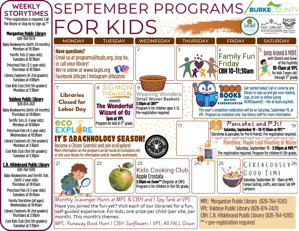 September 2026 Programs for Kids at the Burke County Public Library. This calendar layout features This calendar layout features browns and oranges, and information about programs offered at the library for kids birth through fifth grade. Any programs marked as needing registration can be pre-registered by calling or visiting your library (828-764-9274, 828-874-2421, or 828-764-9283). Monthly Scavenger Hunts at the Morganton Public Library and C.B Hildebrand Public Library and I Spy Tank at the Valdese Public Library. Have you joined the fun yet? Visit each of our libraries for a fun, self guided experience. For kids. One prize per child (per site, per month) when offered. This month's themes: Morganton Public Library: Runaway Book Hunt. C.B. Hildebrand Public Library: Sunflowers. Valdese Public Library: All FALL down "I Spy" Tank. Friday, Septemeber 4: Family Fun Friday. 10-11:30am at the C.B Hildebrand Public Library. No registration required. Saturday, Septemeber 5: Jump Around and Move with Stretch and Grow of the Foothills. 10am-11am at the Valdese Public Library. For kids three years old through fifth grade. No registration required. Monday, September 7: Libraries closed for Labor Day. Tuesday, September 8: Sigmon Theatrical presents: The Wonderful Wizard of Oz. 5pm at the Valdese Public Library. For kids in Kindergarten through fifth grade. No registration required. Wednesday, September 9: Weaving Wonders. 3:30pm at the C.B Hildebrand Public Library. This program requires preregistration and is open to kids ages 5 to 12. This month's project: Small Woven Basket. Saturday, September 19: Pancakes and Pjs. 10-11:30am at the Valdese Public Library. Program for Pre-K friends. Pre-registration is required. Saturday, September 19: Paintbox. 3pm at the Morganton Public Library. This program requires preregistration and is open to children in kindergarten through fifth grade. This month's project: Maple Leaf Floating in Water Painting. 1000 Books Before Kindergarten. Get started today! Call or come by any library to sign up and get your reading logs, or join us online (using READSquared) - info at bcpls dot org slash kids. This year’s completion celebration will be on Saturday, September 19, at VPL. Program by invitation only. See library staff for more information. Wednesday, September 23: Cooking Club. 3:30pm via Zoom (register at the C.B Hildebrand Public Library). This program requires preregistration and is open to kids in third through fifth grade. This month's recipe: Apple Crostata. Saturday, September 26: Cerealously Good Time. 10am at the Morganton Public Library. Cereal taste-testing, crafts, and classic Saturday morning cartoons! No registration required. For all ages while supplies last. EcoExplore: It’s Arachnology Season! Become a Citizen Scientist and join ecoExplore! More information on the program can be found at EcoExplore dot net, or visit your library for information and bi-monthly worksheets. Weekly Storytimes Pre-registration is required for all weekly storytimes. Call the library or stop by to sign up. Morganton Public Library Weekly Storytimes (828-764-9274) Baby Bookworms (birth-24 months) - Mondays at 10:30am Terrific Tots (2-3 year olds) - Tuesdays at 10:30am Preschool Pals (4-5 year olds) - Thursdays at 10:30am Library Explorers (K-2nd graders) - Tuesdays at 4:00pm Cool Kids Club (3rd-5th graders) - Mondays at 3:30pm Valdese Public Library Weekly Storytimes (828-874-2421) Baby Bookworms (birth-24 months) - Thursdays at 10:00am Terrific Tots (2-3 year olds) - Mondays at 10:00am Preschool Pals (4-5 year olds) - Wednesdays at 10:00am Library Explorers (K-2nd graders) - Mondays at 3:30pm Cool Kids Club (3rd-5th graders) - Tuesdays at 3:30pm C.B Hildebrand Public Library Weekly Storytimes (828-764-9283) Baby Bookworms & Terrific Tots (birth-2 year olds) - Thursdays at 10:45am Preschool Pals (3-5 year olds) - Tuesdays at 10:45am Family Storytime (all ages) - Wednesdays at 10:45am Library Explorers (K-2nd graders) - Thursdays at 3:30pm Cool Kids Club (3rd-5th graders) - Tuesdays at 3:30pm The Library is online at www dot bcpls dot org, on Facebook at bcpls, and on Instagram at bcplsnc. Email or call with questions programs at bcpls dot org. Programs are supported by Burke County, The Library Foundation of Burke County, the Friends of the Burke County Public Library, and additional community partners as noted on this calendar.