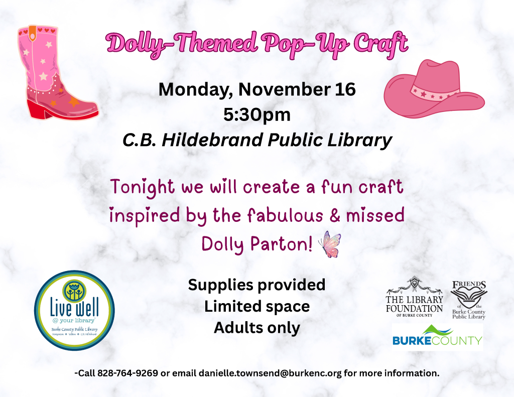 Dolly-Themed Pop-Up Craft event announcement with date, time, location, and details about the craft inspired by Dolly Parton.