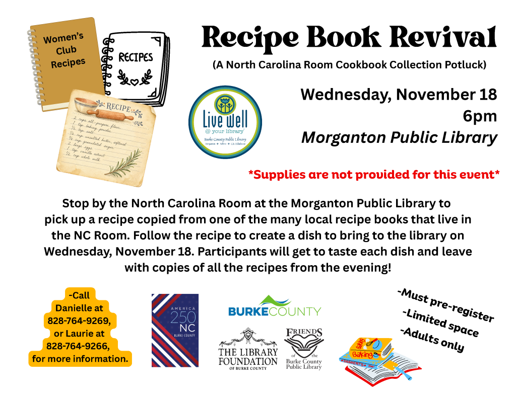 Recipe Book Revival flyer for a potluck event at the Morganton Public Library on November 18 at 6pm, inviting participants to bring a dish from a copied recipe.