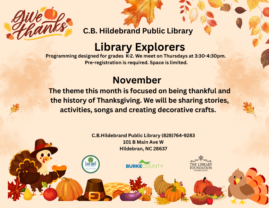 C.B. Hildebrand Public Library flyer for Library Explorers program, featuring autumn-themed decorations. The program is designed for grades K-2 and meets on Thursdays. November theme focuses on Thanksgiving with stories and crafts. Contact information for the library is included.