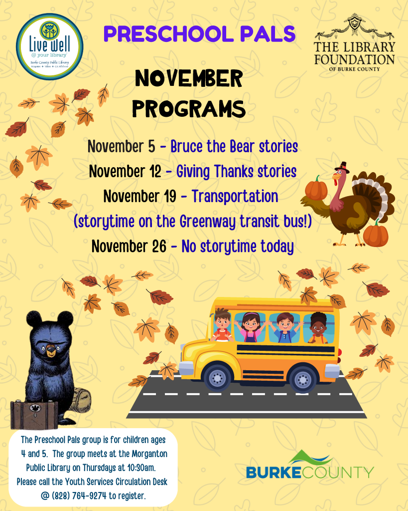 Preschool Pals November programs including storytelling events and transportation on specific dates, featuring graphics of a bear and a school bus.